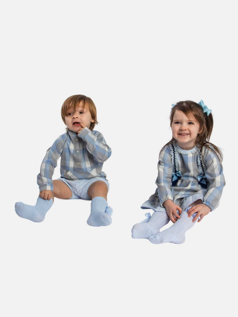 Baby Girl Ava Collection Tartan Spanish Dress - Baby Blue