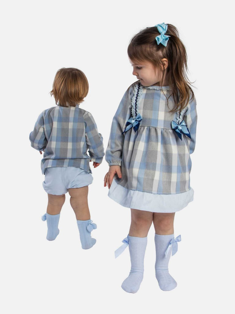 Baby Girl Ava Collection Tartan Spanish Dress - Baby Blue