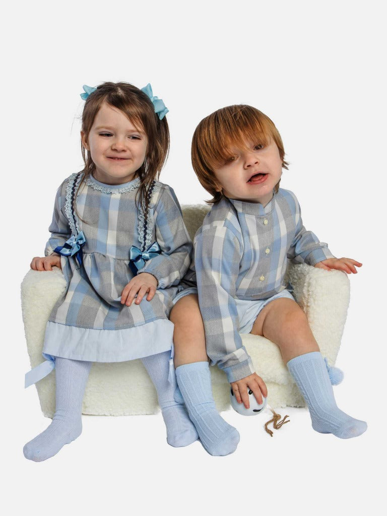 Baby Girl Ava Collection Tartan Spanish Dress - Baby Blue
