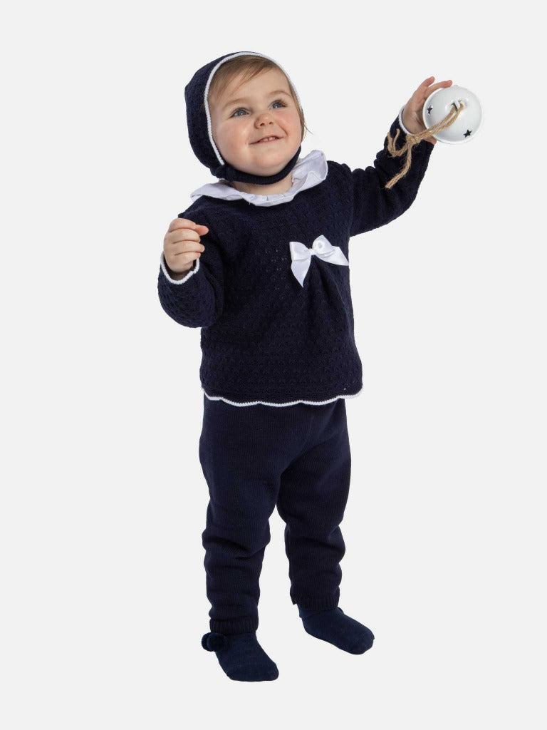 Baby Girl Mia Collection 3-piece Knitted Set with Bow and Bonnet - Navy Blue