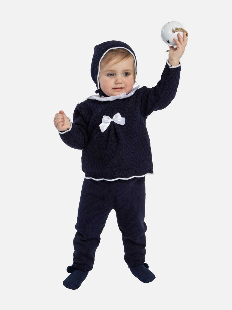 Baby Girl Mia Collection 3-piece Knitted Set with Bow and Bonnet - Navy Blue