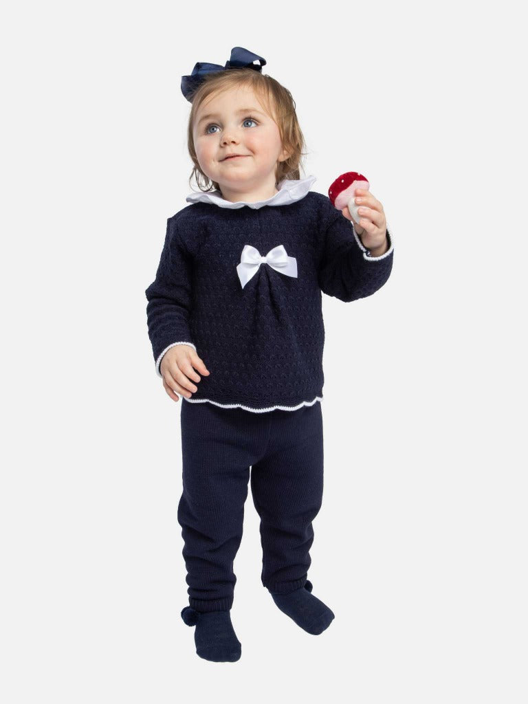 Baby Girl Mia Collection 3-piece Navy Blue Knitted Set with Bow and Bonnet