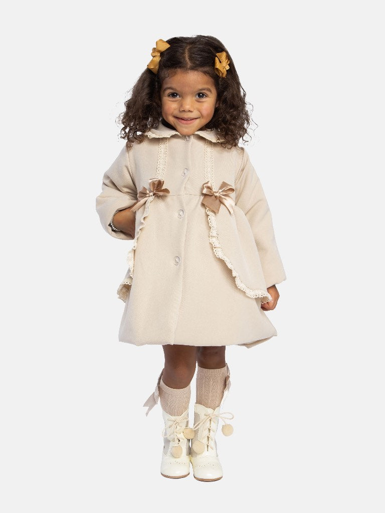 Baby Girl Light Beige Luxury Spanish Coat with Lace and Bows