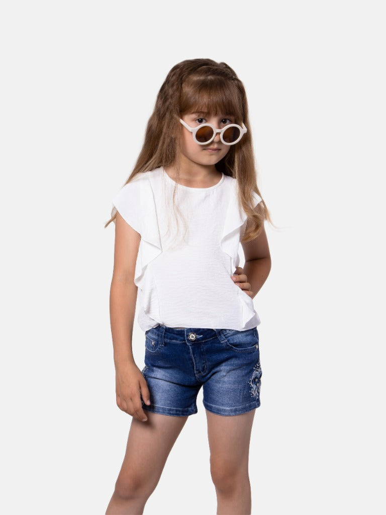 Junior Girl Aurelie French Collection Summer Ruffled Top with short sleeves - White