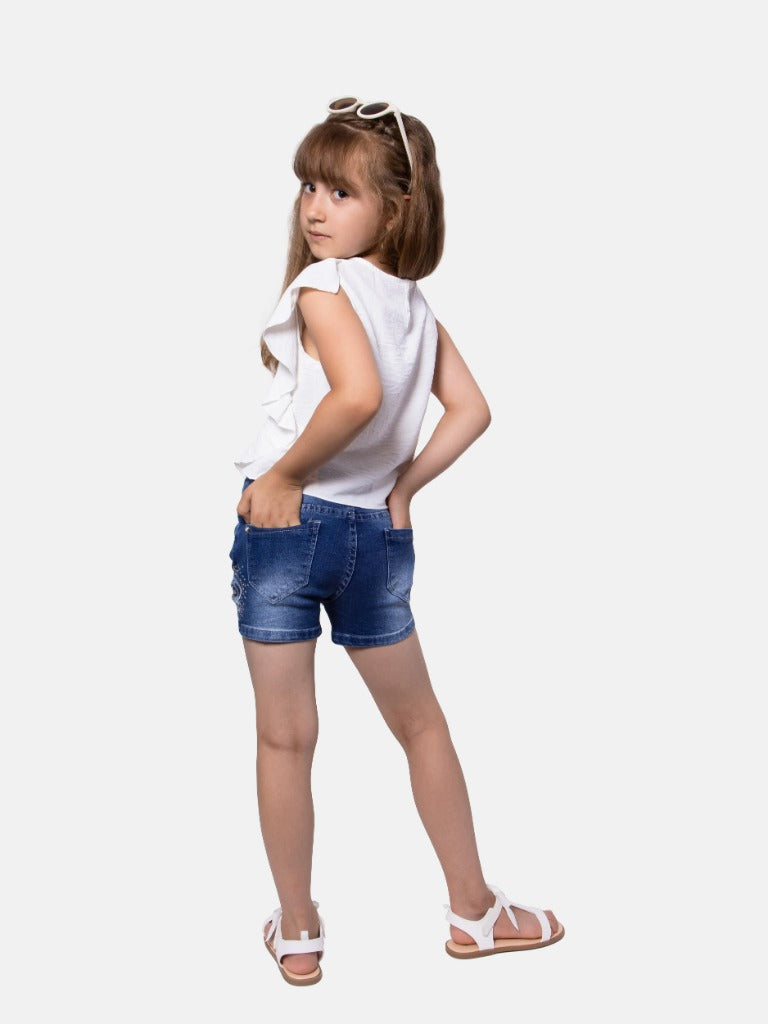 Junior Girl Aurelie French Collection Summer Ruffled Top with short sleeves - White
