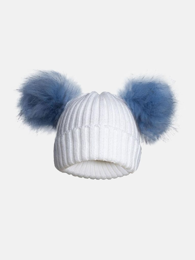 Baby Unisex Knitted Hat with Fluffy Pom-poms - Blue