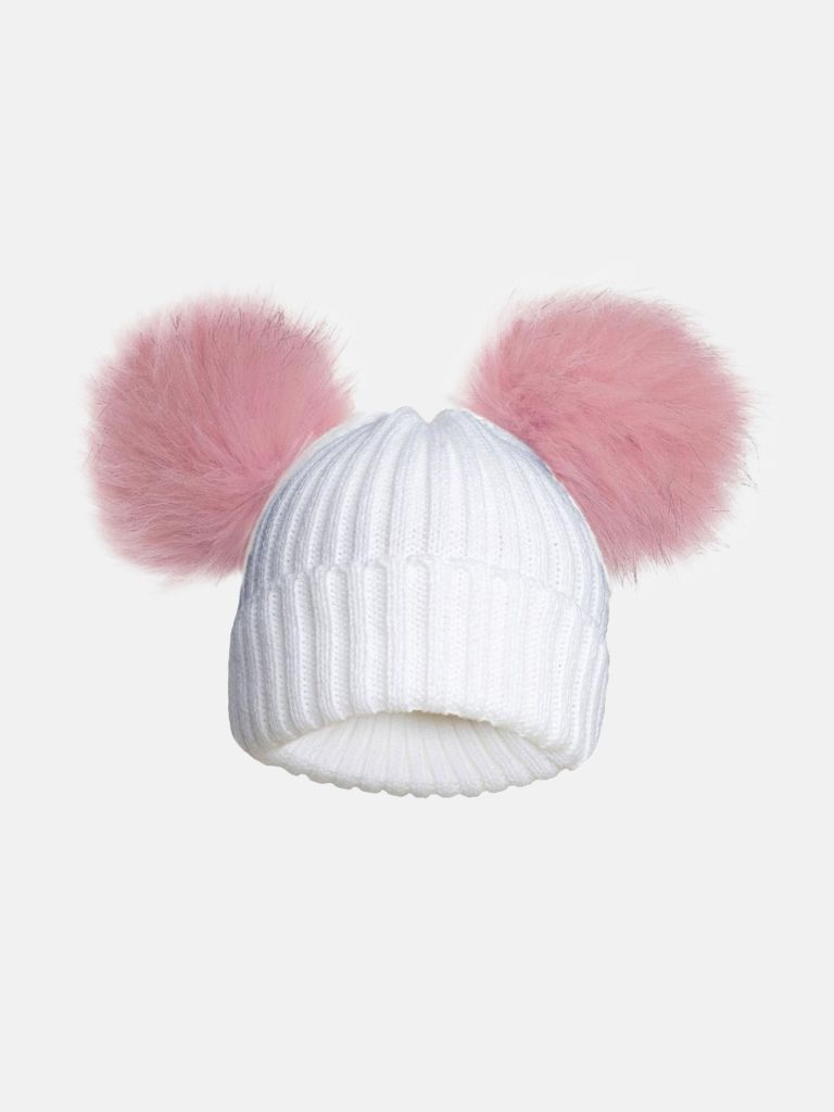 Baby Unisex Knitted Hat with Fluffy Pom-poms - Pink