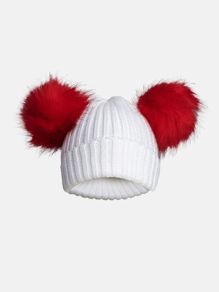 Baby Unisex Knitted Hat with Fluffy Pom-poms - Red