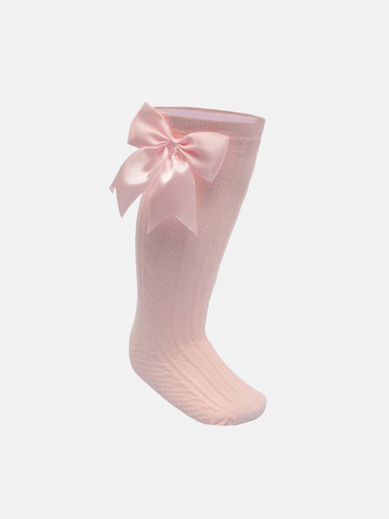 Baby Girl Elegant Cable-Knit Knee Socks with Satin Bow - Baby Pink