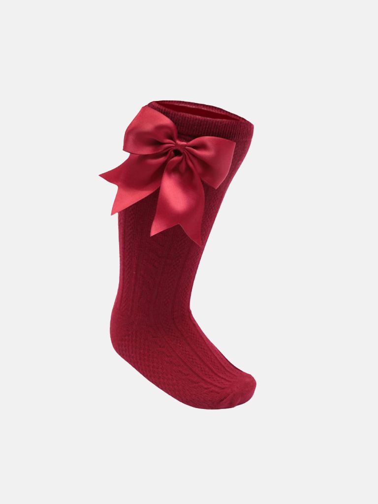 Baby Girl Elegant Cable-Knit Knee Socks with Satin Bow - Cherry Red