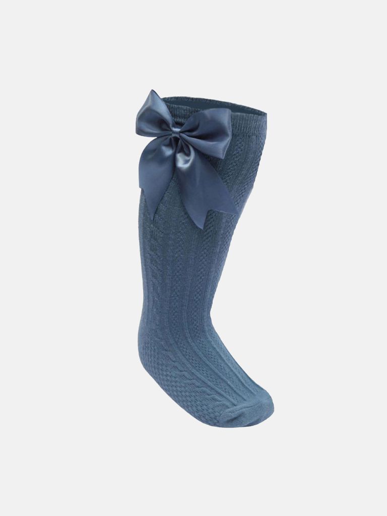 Baby Girl Elegant Cable-Knit Knee Socks with Satin Bow - Dark Blue