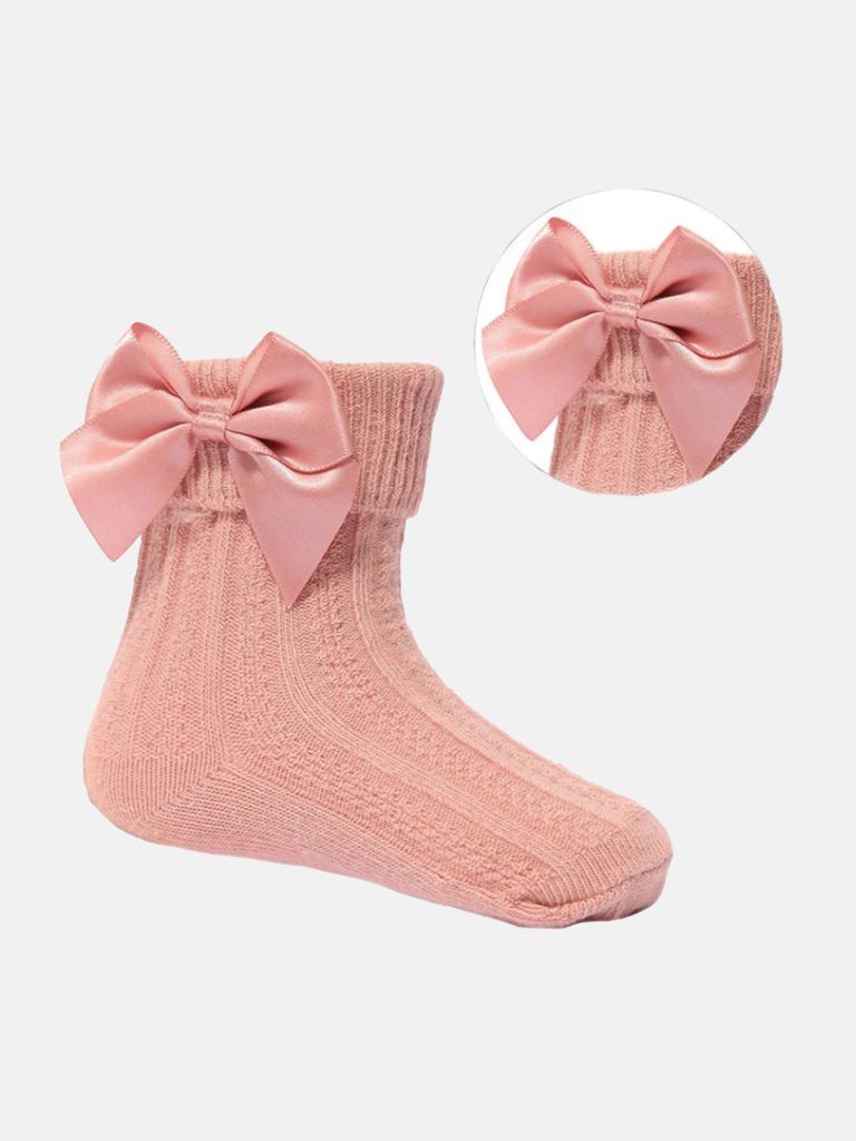 Baby Girl Pretty Ankle Socks with Satin Bow - Dusty Pink
