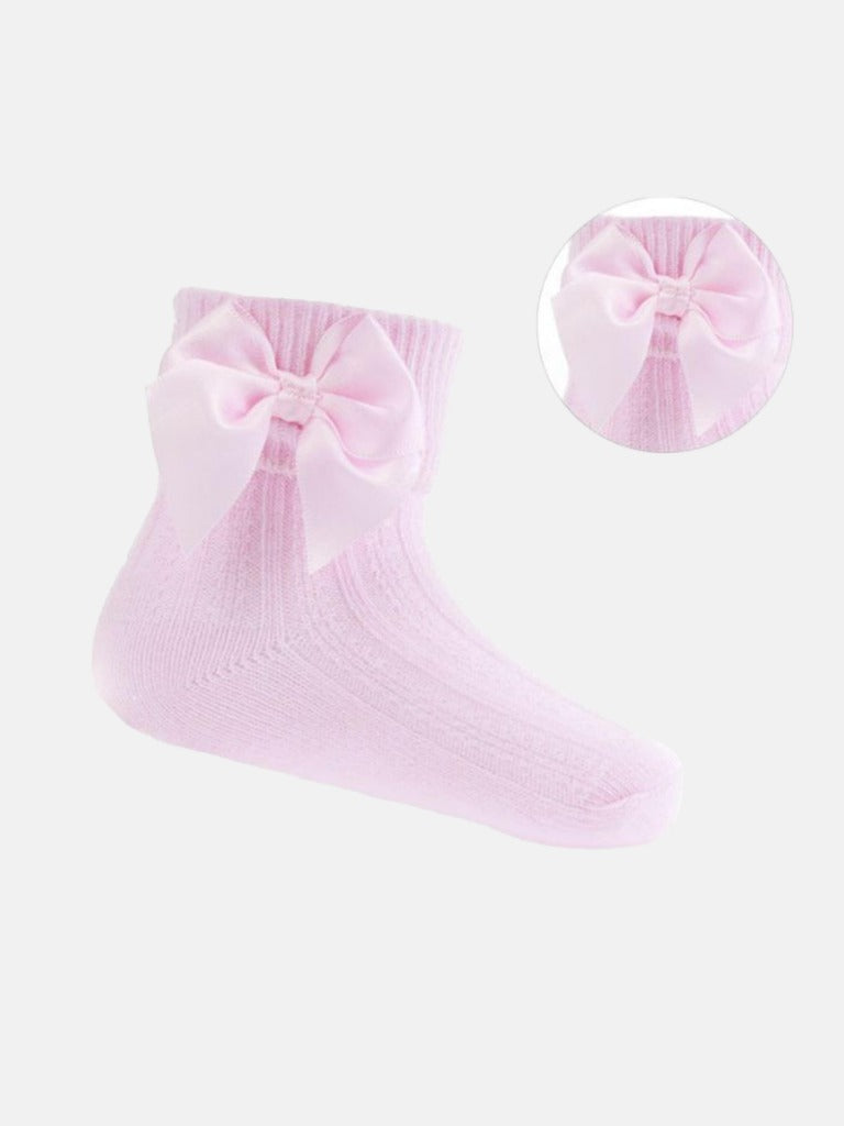 Baby Girl Pretty Ankle Socks with Satin Bow - Baby Pink