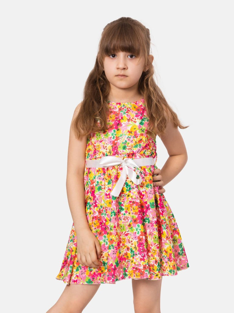 Junior Girl Budapest French Collection Printed Dress with Satin Belt - Multicolour