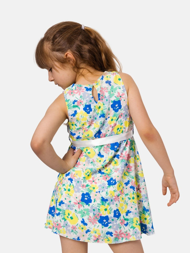 Junior Girl Budapest French Collection Summer Dress with Satin Ribbon Belt - Yellow & Blue