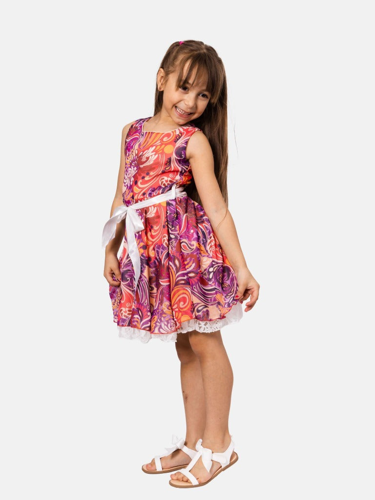 Junior Girl Budapest French Collection Printed Dress with Satin Belt - Orange & Purple