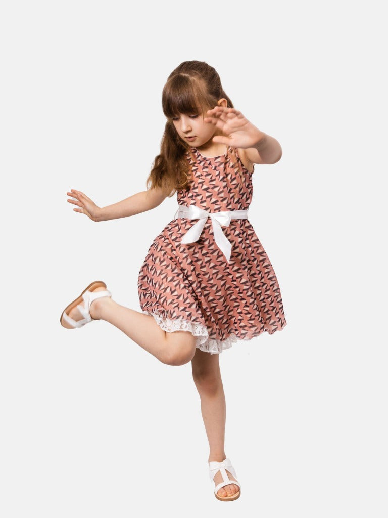 Junior Girl Budapest French Collection Printed Dress with Satin Belt - Dusty Pink