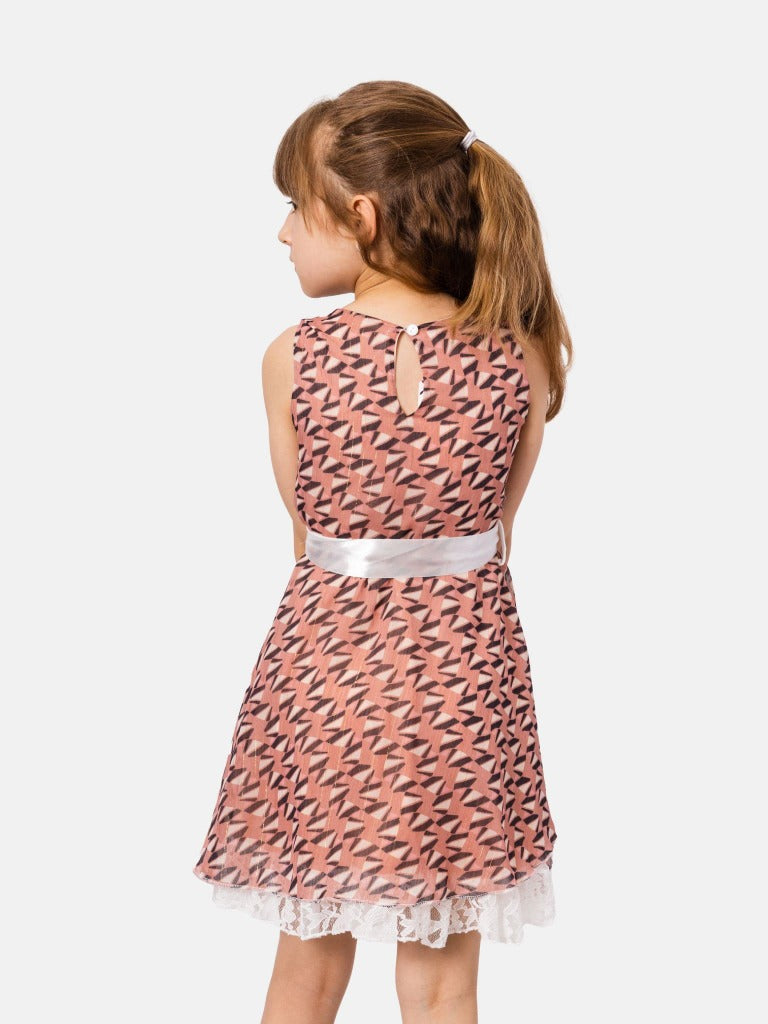 Junior Girl Budapest French Collection Printed Dress with Satin Belt - Dusty Pink