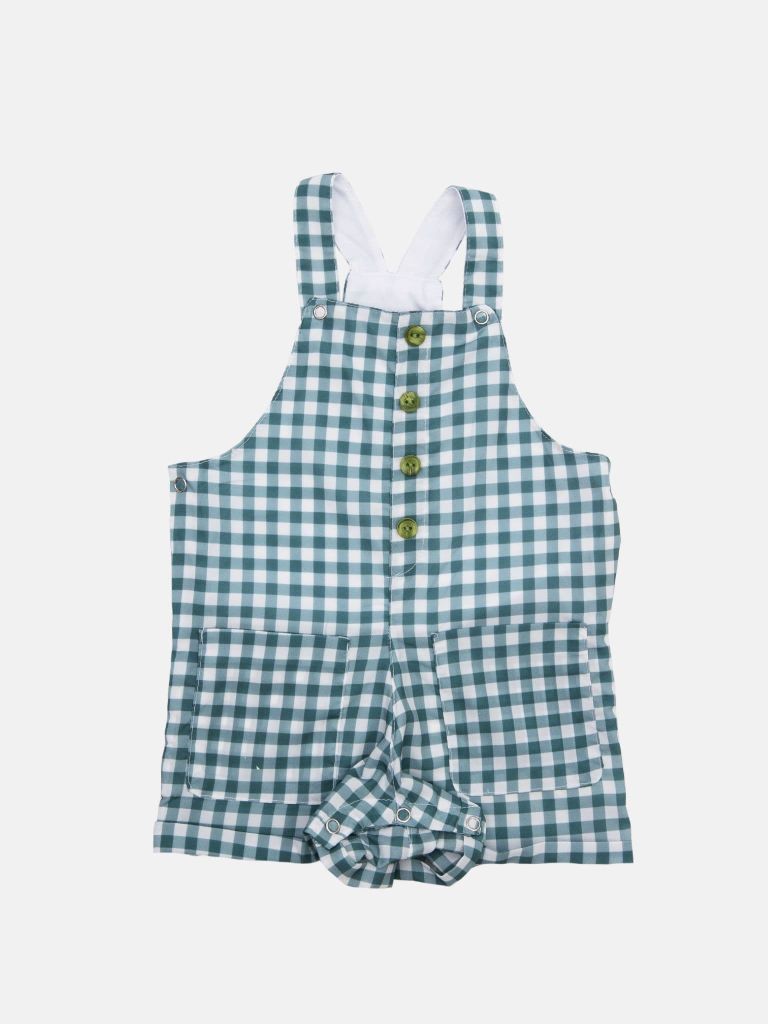 Baby Girl French Collection Checkered Dungaree with Frilly White Top Set with buttons - Emerald Green