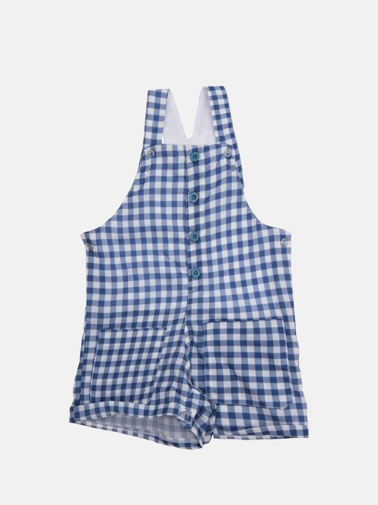 Baby Girl French Collection Checkered Dungaree with Frilly White Top Set with buttons - Blue