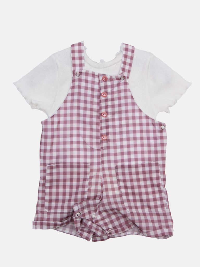 Baby Girl French Collection Checkered Dungaree with Frilly White Top Set with buttons - Rose Pink