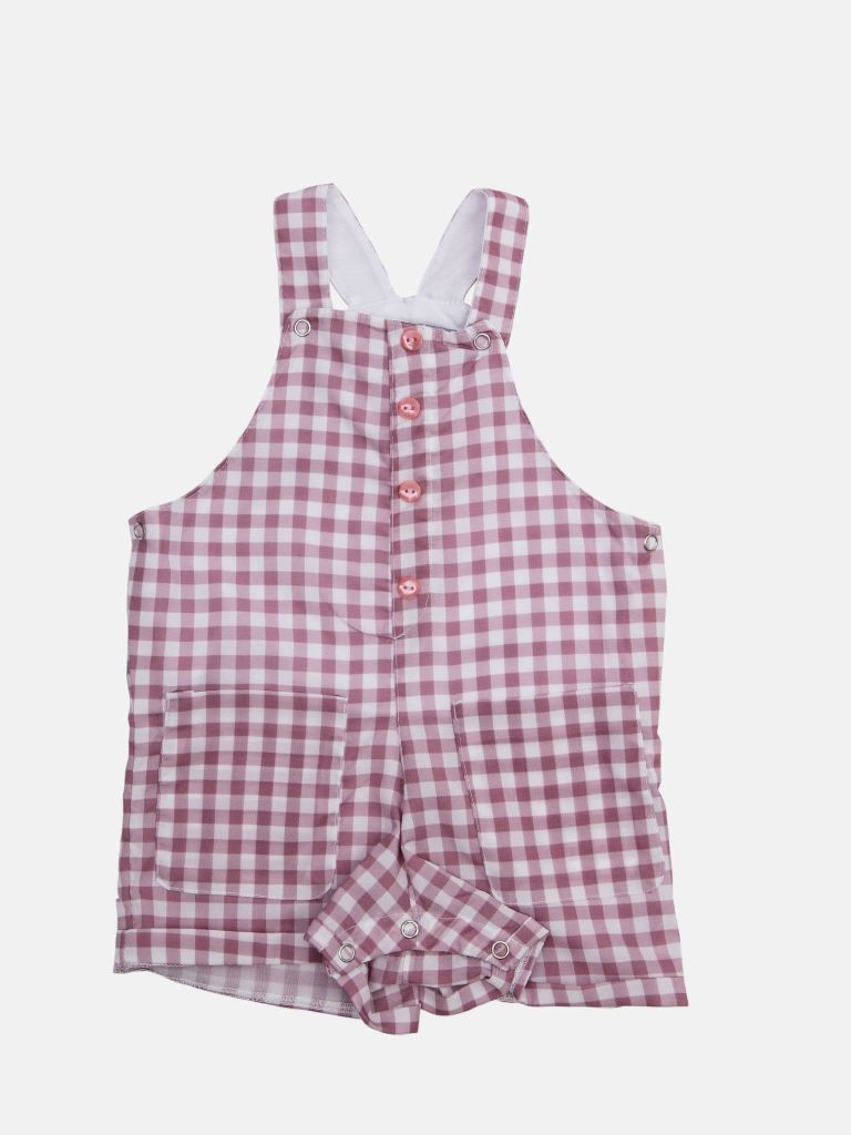 Baby Girl French Collection Checkered Dungaree with Frilly White Top Set with buttons - Rose Pink