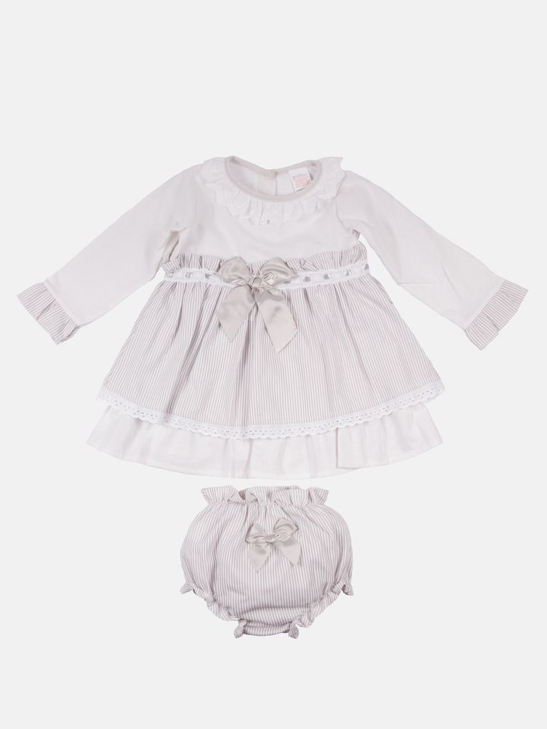 Baby Girl Eva Stripped Dress With Bow and Knickers - Grey/Silver