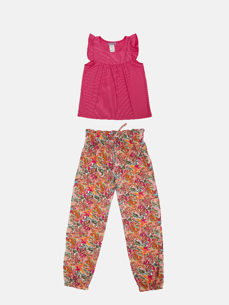 Junior Girl Charlotte French Collection Frilly Short Sleeves Top and Printed Cuffed Pants Set - Pink and Orange