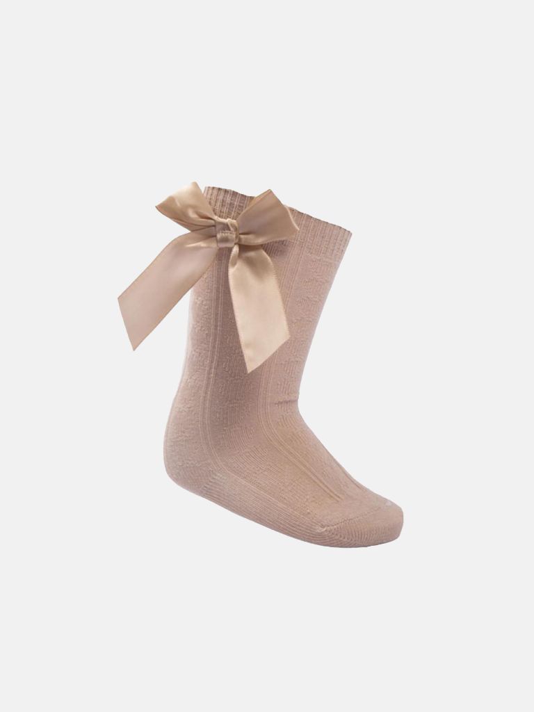 Baby Girl Adorable Knee Socks with Satin Bow - Beige