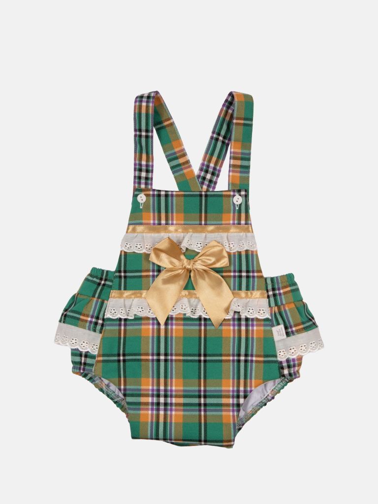 Baby Girl Luxury Tartan Romper - Green with Beige Bow