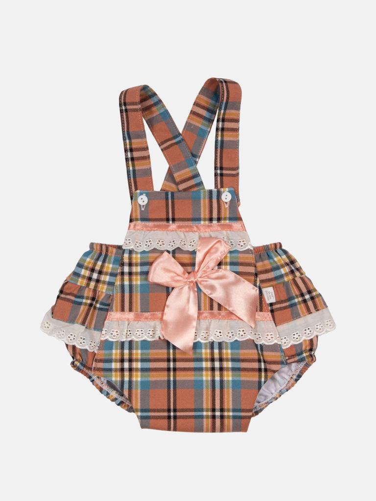 Baby Girl Luxury Tartan Romper - Orange with Peach Bow
