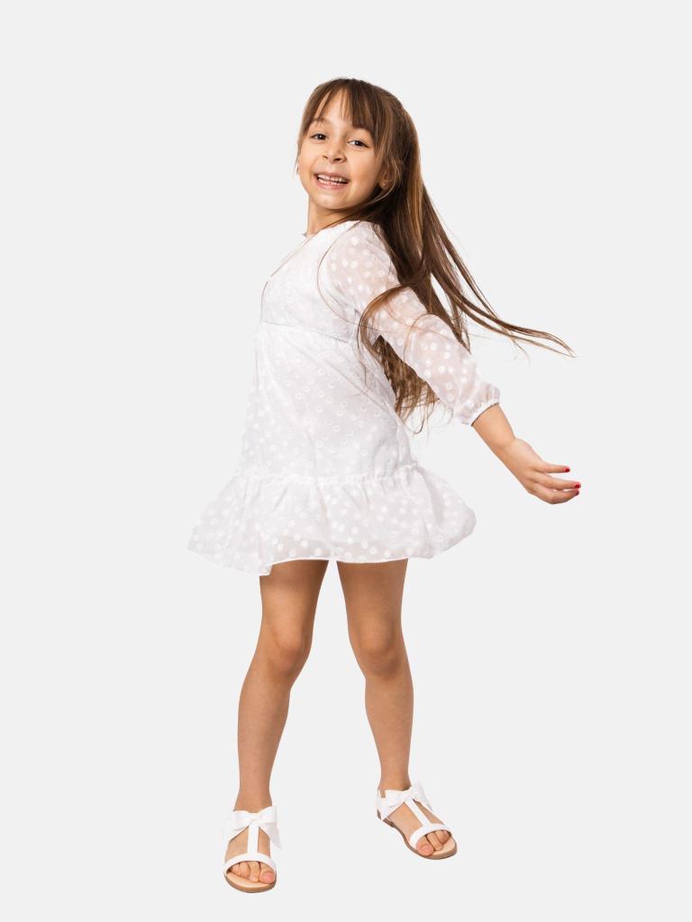 Junior Girl Morgane French Collection Polka Dot Dress Full Sleeves with Ruffled Hem - White