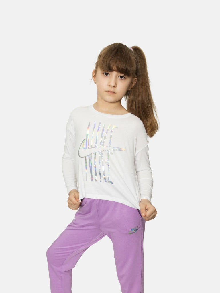 Nike Younger Iridescent Futura Printed Logo Full Sleeves T-Shirt - White
