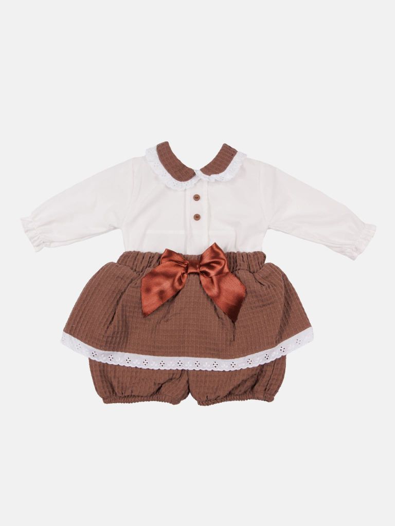 Baby Girl Rosa Waffle Romper with Big Bow and Lace - Brown