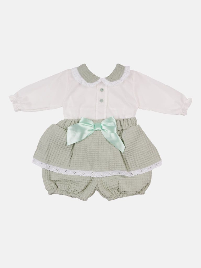 Baby Girl Rosa Waffle Romper with Big Bow and Lace - Mint Green