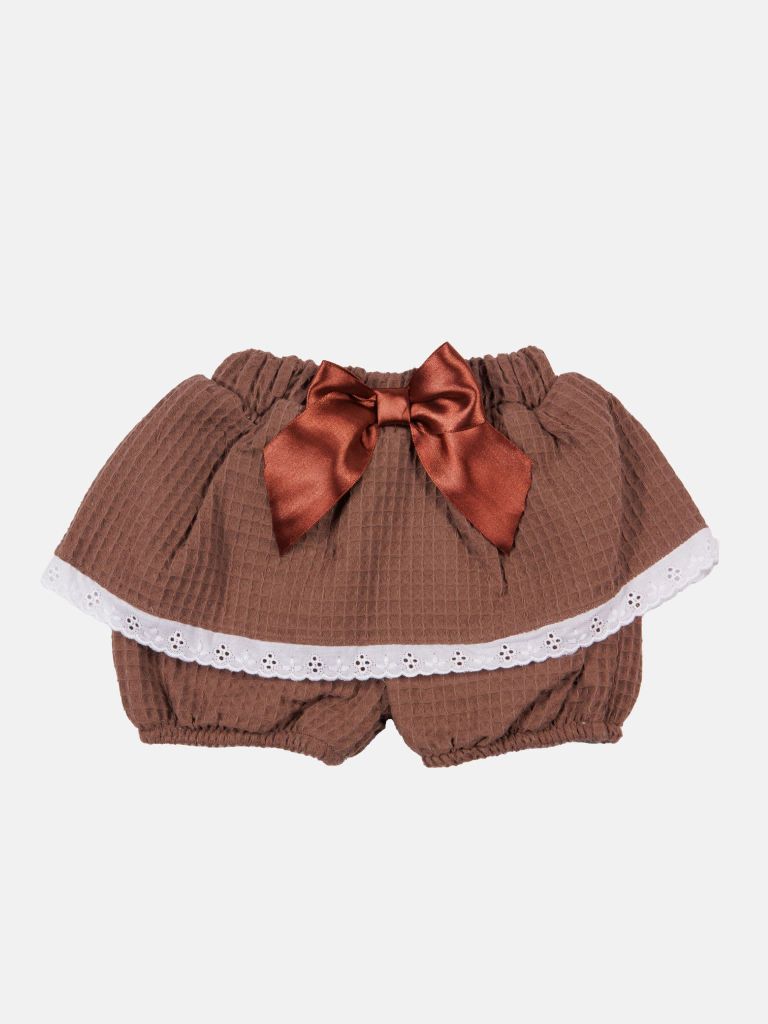Baby Girl Rosa Waffle Romper with Big Bow and Lace - Brown