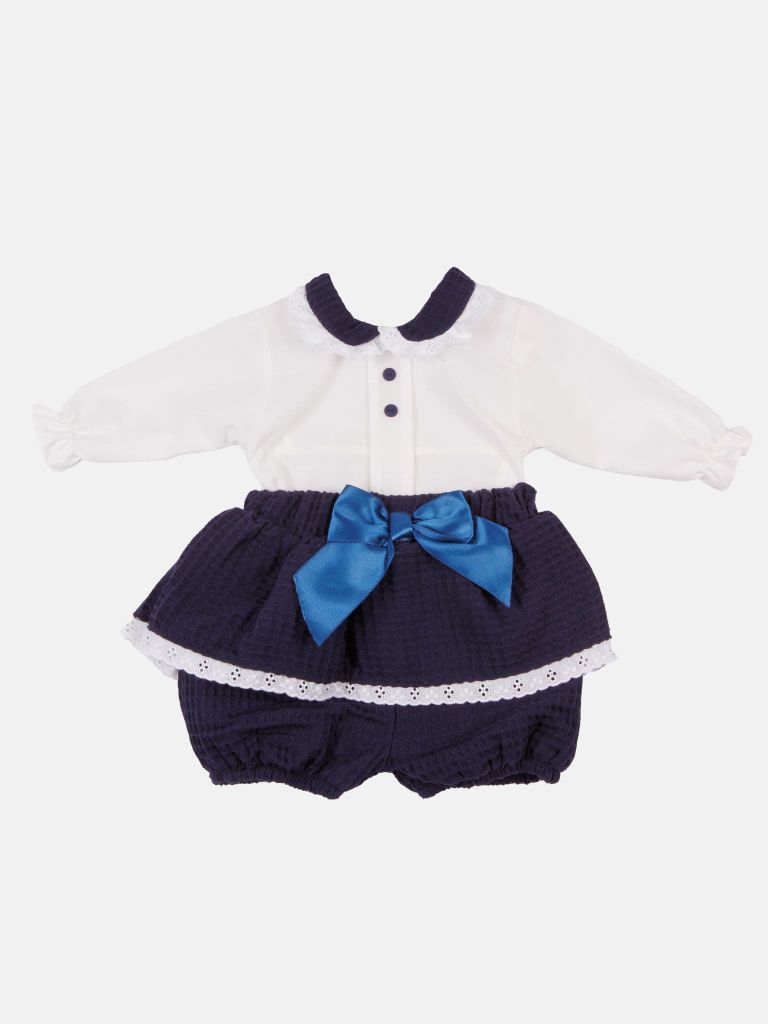 Baby Girl Rosa Waffle Romper with Big Bow and Lace - Navy Blue