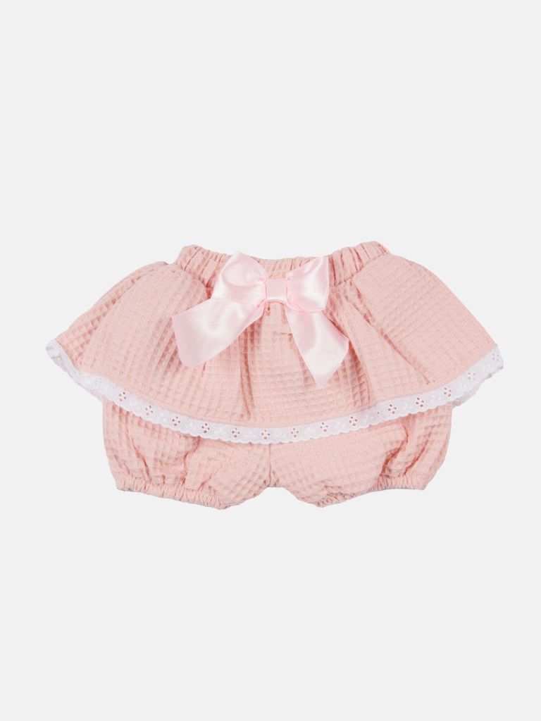 Baby Girl Rosa Waffle Romper with Big Bow and Lace - Baby Pink