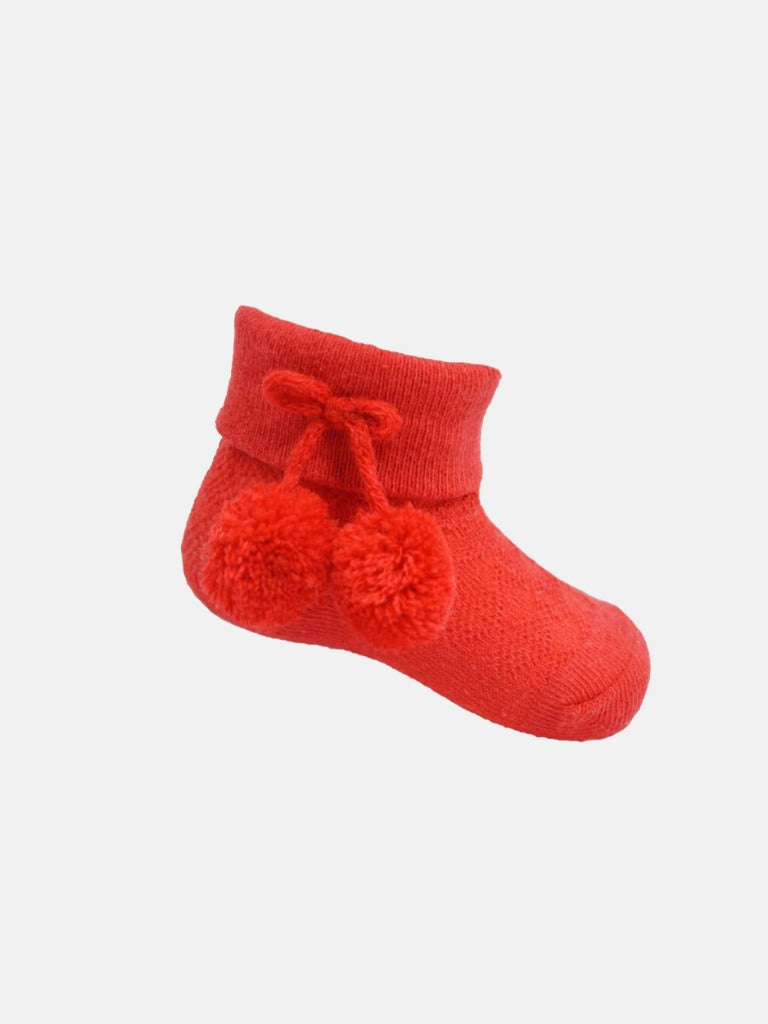 Baby Unisex Knitted Pom-pom Red Ankle Socks