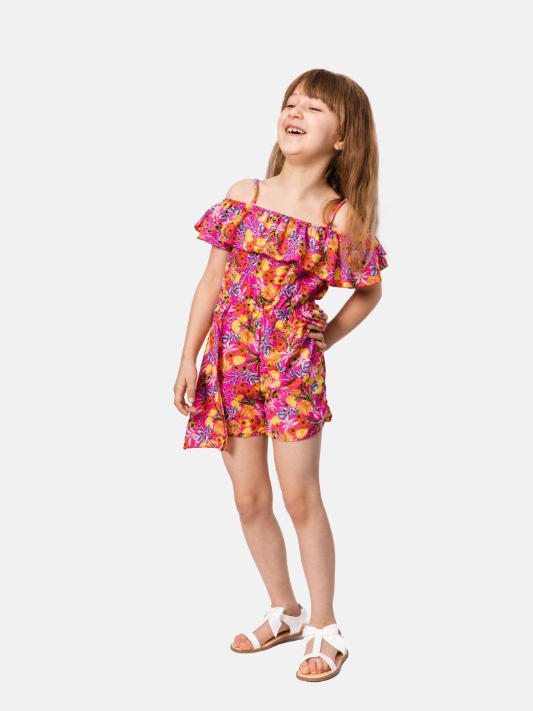 Junior Girl Salome French Collection Off Shoulder Printed Romper - Fuchsia Pink