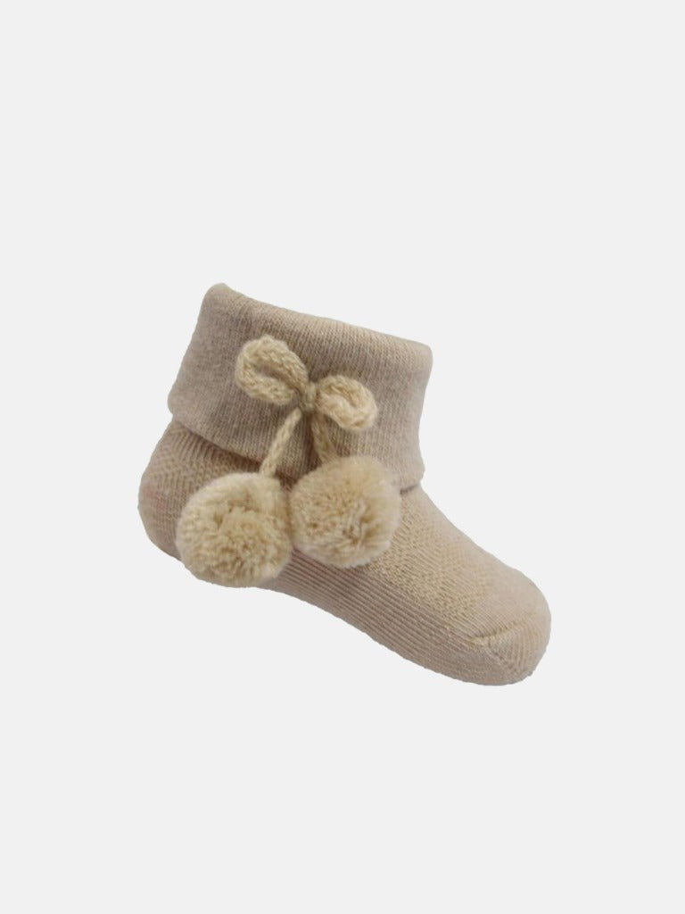 Baby Unisex Knitted Pom-pom Beige Ankle Socks