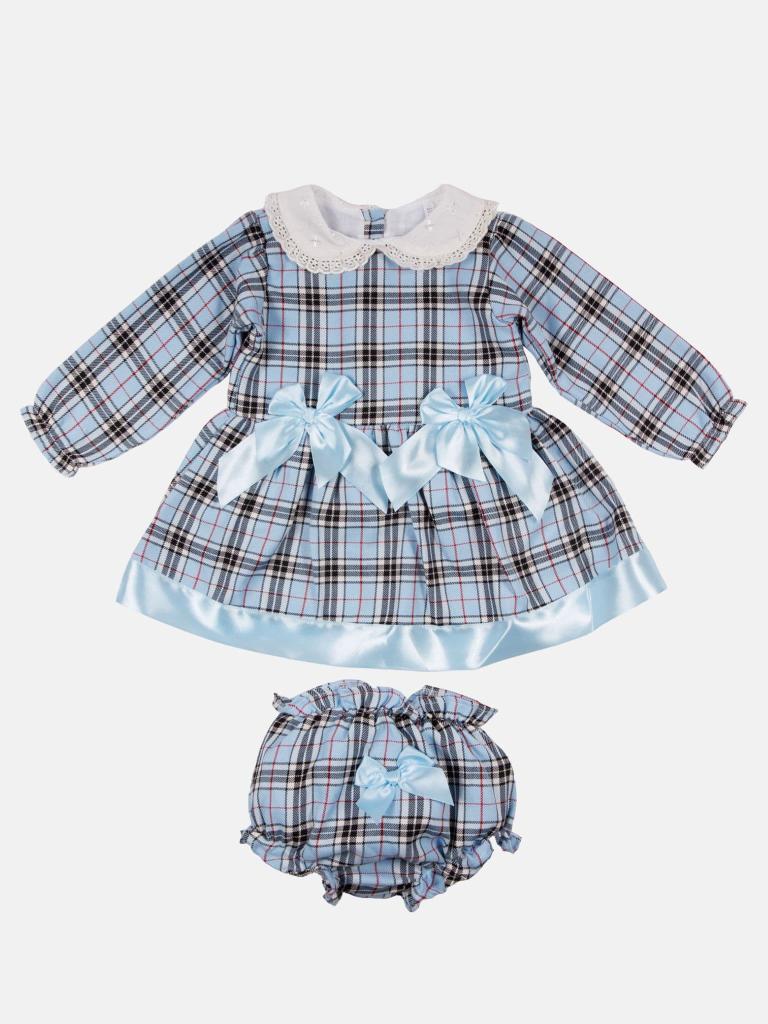 Baby Girl Satin Tartan Dress with Satin Bows and Knickers - Baby Blue