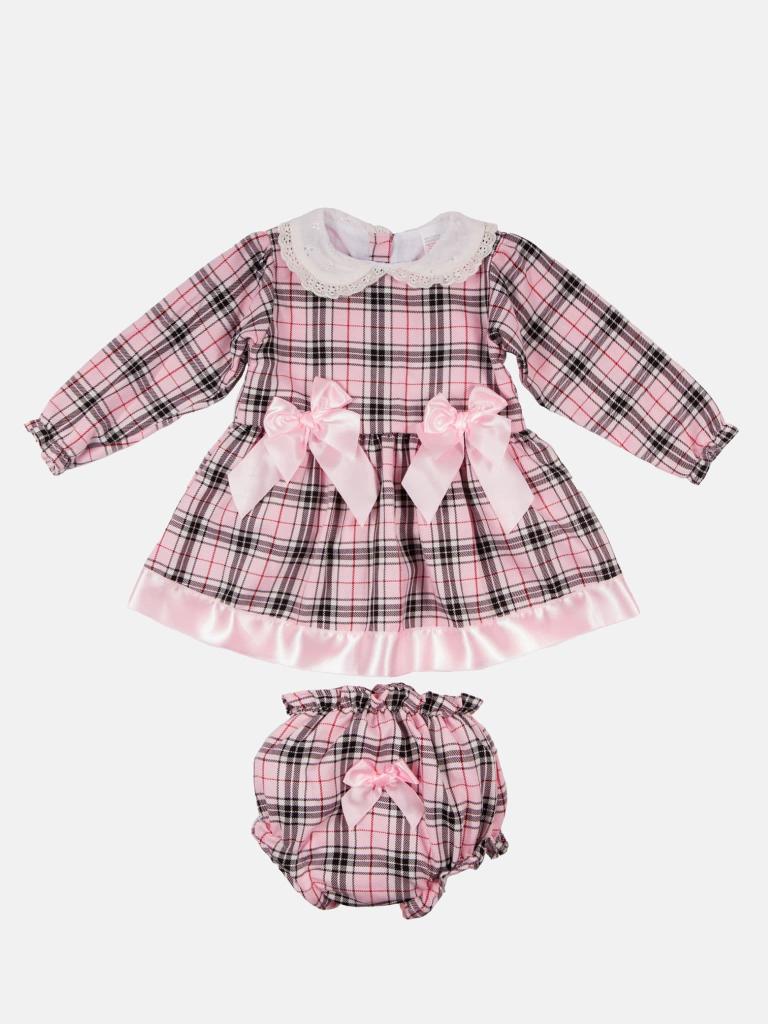 Baby Girl Satin Tartan Dress with Satin Bows and Knickers - Baby Pink