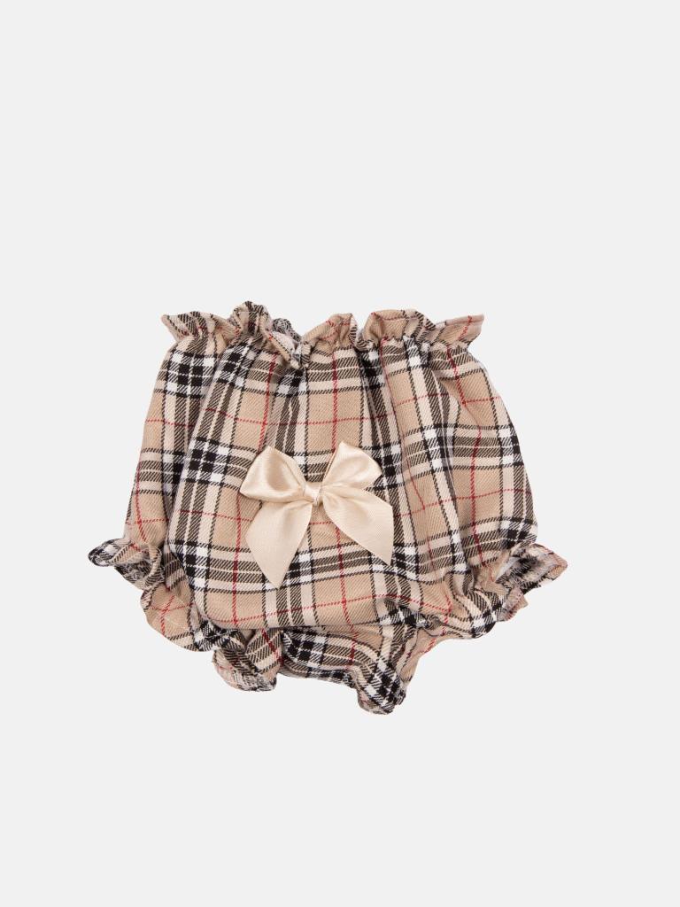 Baby Girl Satin Tartan Dress with Satin Bows and Knickers - Beige