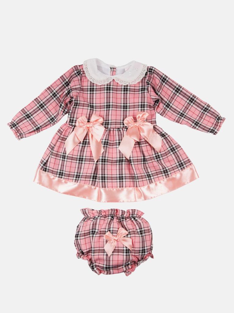 Baby Girl Satin Tartan Dress with Satin Bows and Knickers - Coral