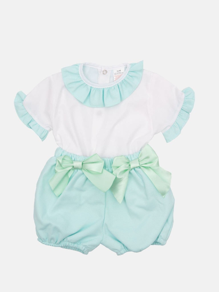Baby Girl Tavira Collection Spanish Romper with 2 bows - Aqua Blue