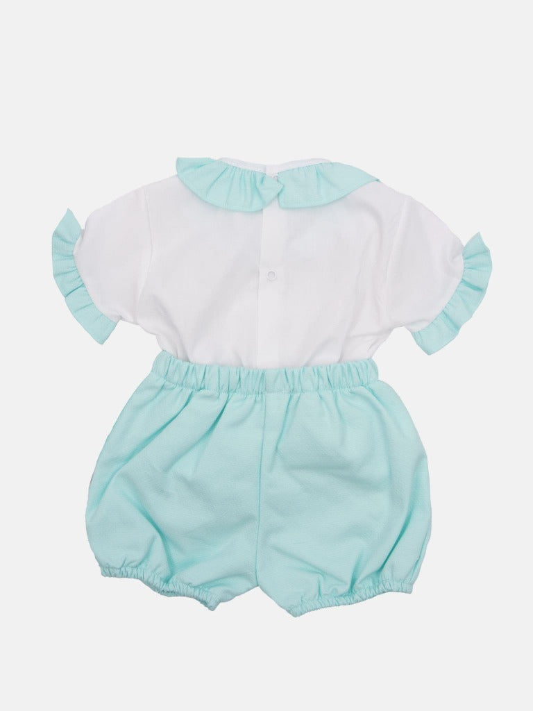 Baby Girl Tavira Collection Spanish Romper with 2 bows - Aqua Blue