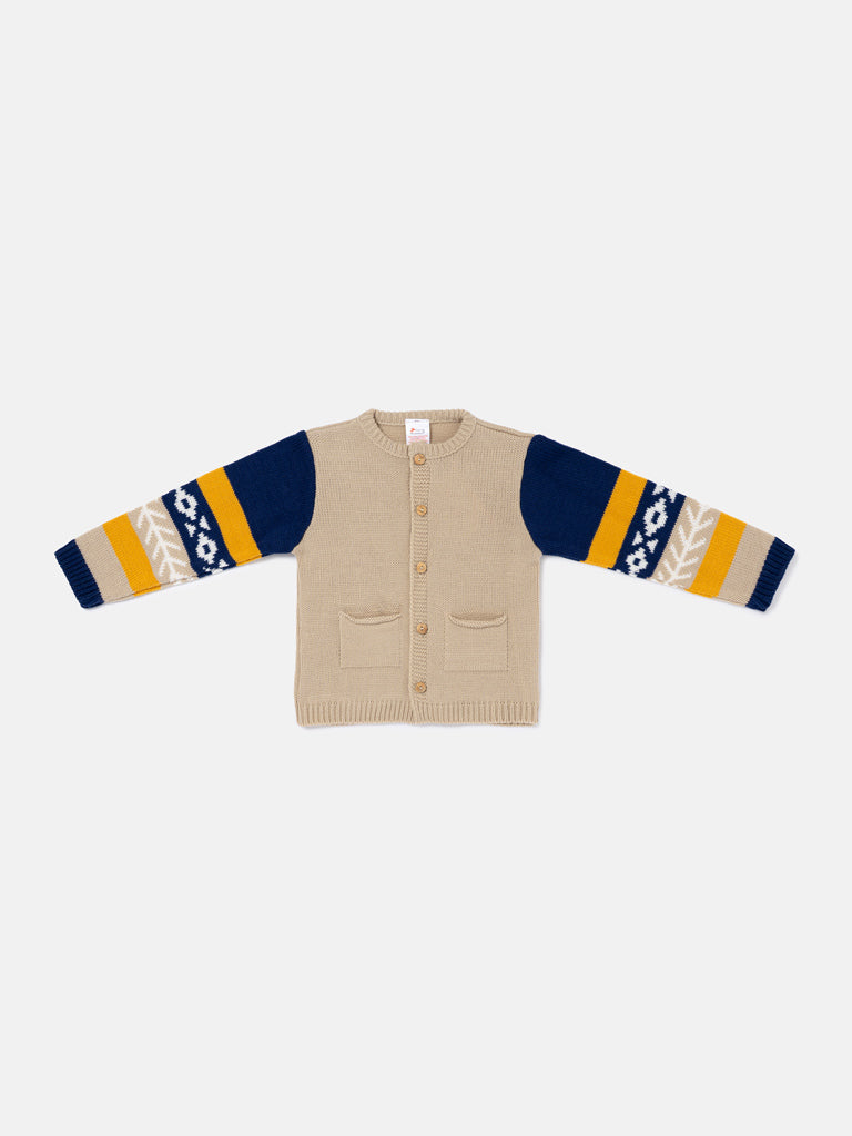 Baby Boy Knitted Cardigan Marco Collection with Geometric Sleeve Detail - Beige