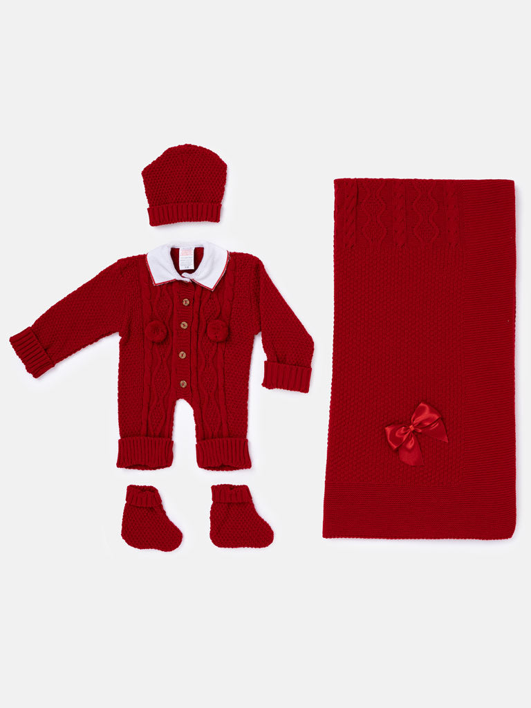 Baby Boy All-In-One Knitted Set with Blanket - Red