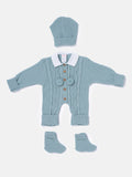 Baby Boy All-In-One Knitted 3-Piece Set with Pom-Poms - Mint Green